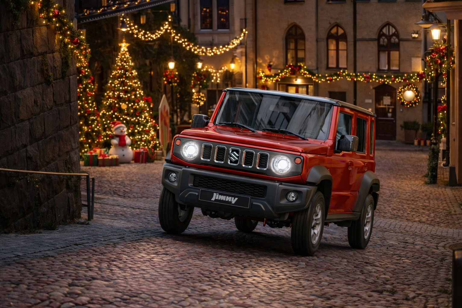 Suzuki Jimny 5D showcased in a festive holiday city setting
